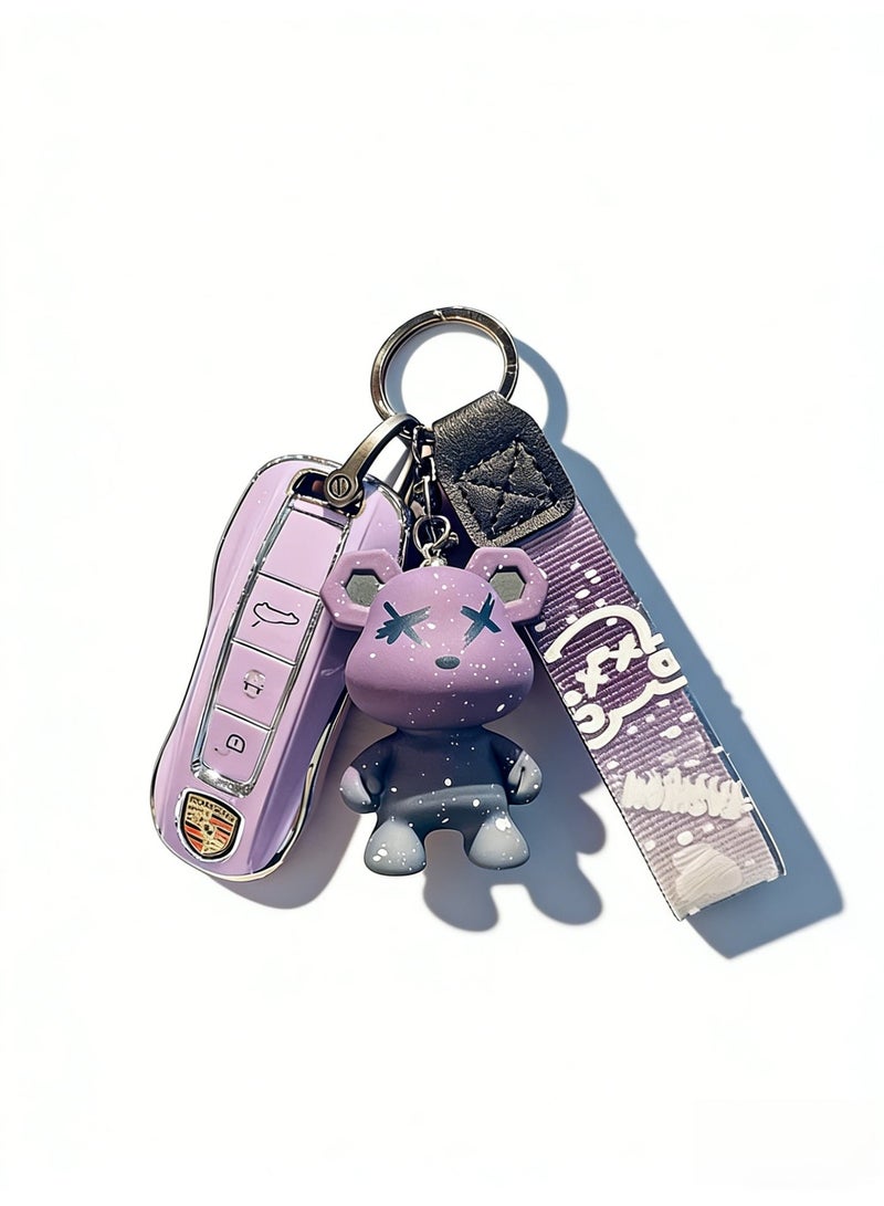 ماك جاباجز Suitable for Porsche Pastel Purple Metal Key Fob Case with Graffiti Bear Keychain & Strap (Please purchase according to your own key style) - Image 3